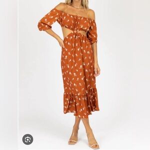 Endless Blu O Ring Floral Midi Dress in Rust